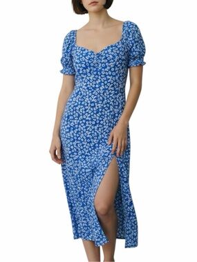 GAP Women’s Blue Floral Midi Dress Puff Sleeve Sweetheart Neck Side Slit S Rayon